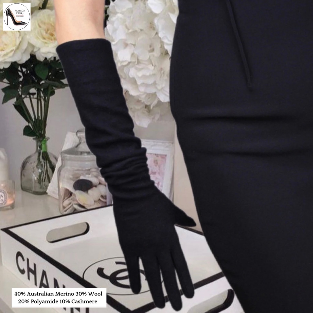 Long Cashmere Merino Wool Gloves Classical Black Opera Driving Winter Warm Glove